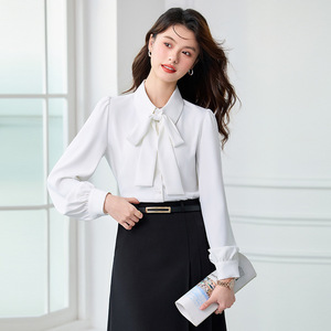 Women's Long Sleeve Bow Tie Blouse Solid Color Polyester Poplin Office Shirt XN6778 - Product Image 2