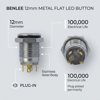 BENLEE Sakelar Tombol Tekan Logam Berlampu LED Kepala Datar 12mm - Baja Tahan Karat Tipe Momentary