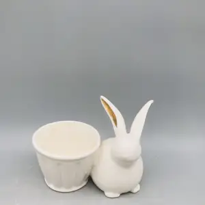 Promotional portable white porcelain egg cup holder with rabbit decor