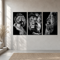 Tableau mural imprimé en trois panneaux, famille de lions noir et blanc, portrait animalier pour chambre, salon, hôtel, intérieurs modernes