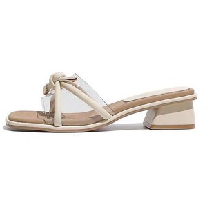 Elegantes Sandalias Beige de PVC con Punta Cuadrada y Tacón Ancho, con Decoración de Lazo, Transpirables, Zapatos de Verano para Mujer - Product Image 4