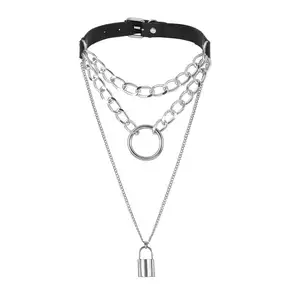 Gothic Lock Chain necklace multilayer Punk choker collar goth pendant necklace women black leather emo Kawaii witch rave jewelry