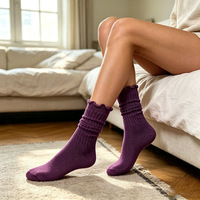 Chaussettes mi-mollet froncées à volants pour femmes, couleur unie, bord festonné, en tricot, pour le quotidien et les soirées