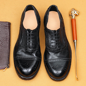 Chaussures habillées en cuir véritable pour hommes, bout rond, à lacets, couleur unie, semelle extérieure en caoutchouc antidérapante, pour le travail et les mariages, toutes saisons - Product Image 4