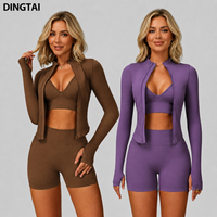 Ensemble de yoga sans couture certifié GCC Dingtai, 3 pièces, soutien-gorge de sport pour femmes, short, veste à fermeture éclair à manches longues, vêtements de sport respirants