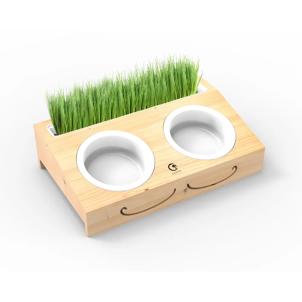 Pet Products 2021 Top Quality Wooden Elevated Pet Bowls with Cat Grass Plant