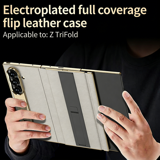 Electroplated Leather Golden Sides Back Cover with Stand Holder Phone Case Cover for Samsung Galaxy Z TriFold Z Trifold