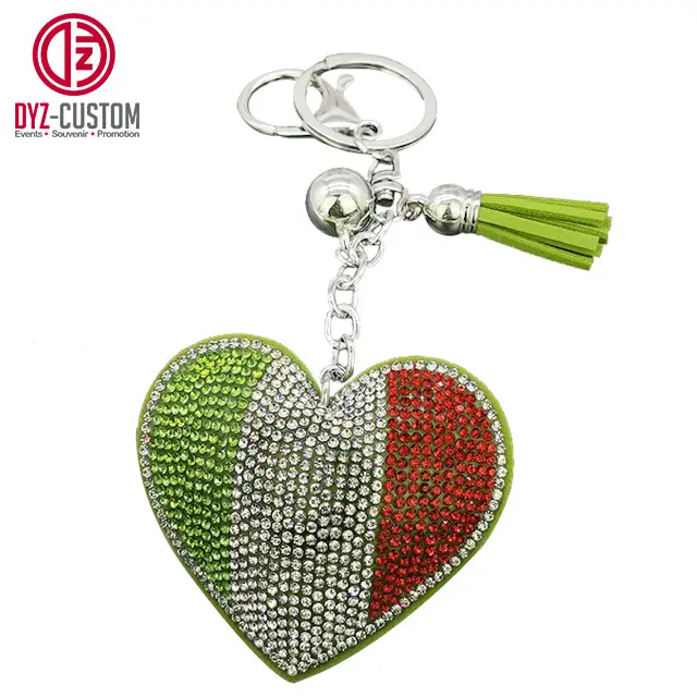 Love Heart-Shaped Mexico Flag Keychain Fashionable Car Key Chain with Bling Rhinestone Tassel Made of Metal Alloy Crystal
