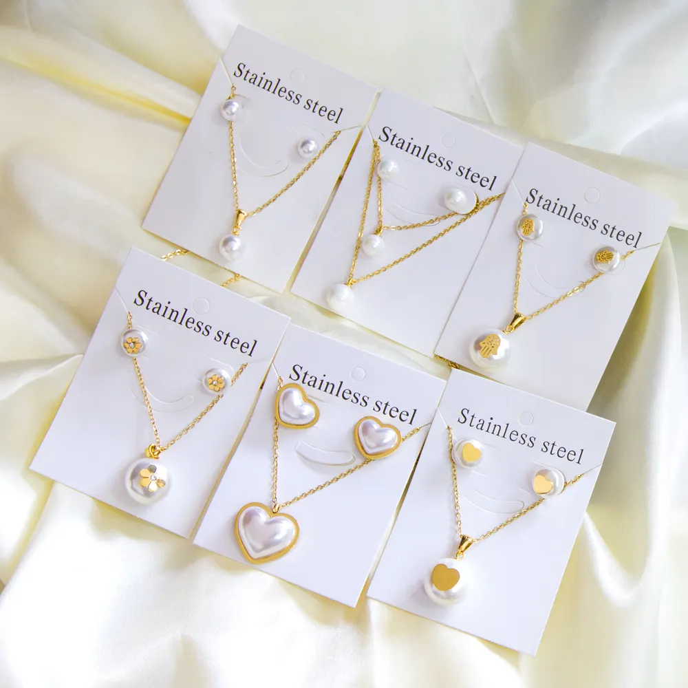 Good Price Fashion Stainless Steel Jewelry Set Fancy Heart Shape Stud Earrings Hypoallergenic Pearl Pendant Necklace