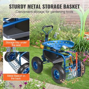 Steel Rolling Garden Work Seat <strong>with</strong> <strong>Wheels</strong> 360 Degree Swivel Steering Handle Tool Tray Outdoor Patio Yard - Product Image 3