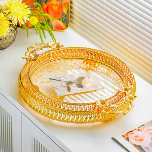 Metal <b>Serving</b> <b>Tray</b> With Floral Design <b>Gold</b> Plated Round <b>Tray</b> For Home Dining Table Decorative Fruit Plate Snack Dish Display - Product Image 4
