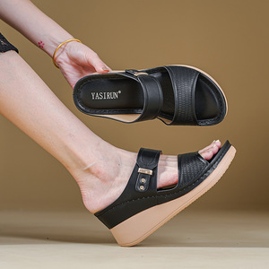 Blue PU Wedge Sandals <b>Open</b> <b>Toe</b> Elastic Band Closure Mid <b>Heel</b> <b>Platform</b> Summer Shoes Breathable Anti-Slip Height Increasing - Product Image 5