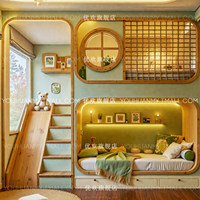 Lit pour enfants minimaliste sur le thème de la forêt verte pour garçons, lit superposé multifonctionnel avec glissière, escalier, rangement, bois massif