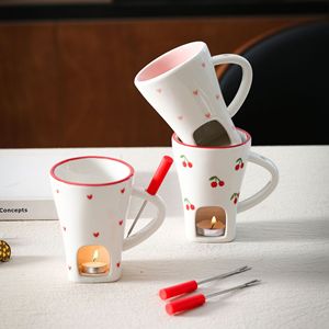 Cute Heart Chocolate Fondue Mug Butter Heating <b>Cup</b> <b>Ceramic</b> Chocolate Melting <b>Cup</b> Set with Fork - Product Image 1