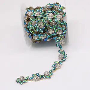 Factory Supply 2022 New Design Green Sunflower Rhinestone Chains Blue Rhinestone Trim Shiny Exquisite Rhinestone Cup Chain