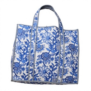 Bolsa de Mano de Algodón con Estampado Floral Azul y Blanco, Bolsa de Compras con Estampado a Mano, Bolsa de Viaje Acolchada para la Playa, Bolsa de Uso Diario, Elegante y Reutilizable para Mujer - Product Image 1