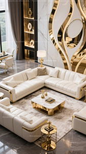 Sofá Seccional de esquina Sofá <span class=keywords><strong>en</strong></span> forma de 7 Sofá <span class=keywords><strong>en</strong></span> forma de <span class=keywords><strong>L</strong></span> blanco y dorado conjunto de sofás blanco con dorado - Product Image 2