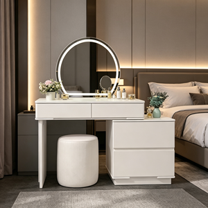 Juego de tocador extensible blanco mate liso con espejo LED redondo, cómoda lateral y taburete cilíndrico a rayas para dormitorio - Product Image 4