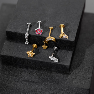 Piercing à lèvres oreille os goujon corps Piercing bijoux en acier inoxydable 316L plaqué or Zircon pour lune étoile fleur - Product Image 2
