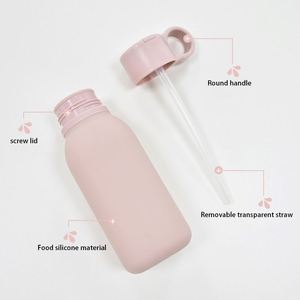 Custom logo School Travel 450ml Portable Handle Silicone Children Kids Sports Water Bottle with <b>Plastic</b> <b>Straw</b> - Product Image 4