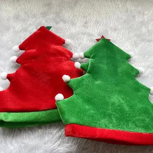 قبعات شجرة عيد الميلاد قماش مخملي للزينة باللون الأحمر والأخضر