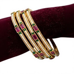 Stunning <b>Gold</b> Plated <b>Bangle</b> Bracelets <b>Set</b> With Pearls And Zircon Stones For Women Wedding Party Classic Style - Product Image 2