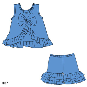 <span class=keywords><strong>Chaleco</strong></span> sin mangas y pantalones cortos con volantes Color sólido Algodón Niñas Casual Verano Trajes de 2 piezas con diseño de lazo Traje para niños - Product Image 3