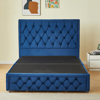 Divan-lit king size rembourré en velours bleu marine avec tiroir de rangement ottoman à boutons au design exclusif