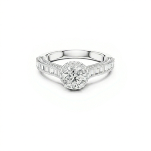 Bague de fiançailles en or blanc 18 carats certifiée IGI avec diamant de laboratoire taille brillant rond et halo de baguettes, vente en gros |   CVD D Couleur VVS1 - Product Image 1