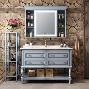 Meuble de salle de bain en bois massif bleu, style rétro américain, peinture laquée, lavabo intégré en céramique - Product Image 1