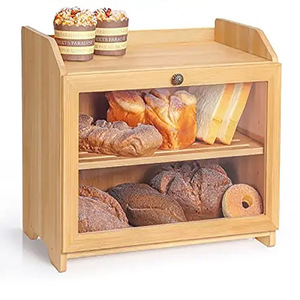 Boîte de rangement pour pain en bambou Mu Yao, double couche, en bois, pour cuisine, avec porte en verre, pour pain frais et pâtisseries - Product Image 1