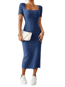 Abiti Estivi da Donna 2026, <span class=keywords><strong>Vestito</strong></span> Lungo Aderente <span class=keywords><strong>con</strong></span> Maniche Corte, Scollo Quadrato, in Maglia, per Vacanze al Mare - Product Image 2