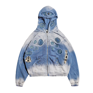 Giacca con Cappuccio in Cotone Lavorato a Maglia Personalizzata di Alta Gamma, Stile Retrò Streetwear, Effetto Lavaggio Acido e Dettagli Distressed, Anti-Piega, Stampa Digitale - Product Image 1