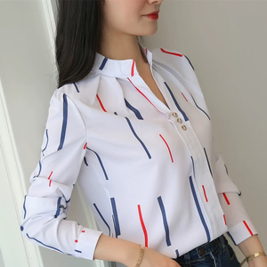 Nouvelles chemises blanches formelles pour femmes, imprimé rayé sur le devant, manches longues, chemises de bureau pour femmes, chemises OL, col montant fin, respirantes - Product Image 1