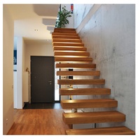 Escalier droit en bois massif chêne foncé avec marches flottantes en acier, usine TAKA Foshan