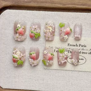 <span class=keywords><strong>Uñas</strong></span> Postizas Cortas Cuadradas Acrílicas Hechas a Mano con Diseño de Fresa Rosa, <span class=keywords><strong>Uñas</strong></span> Postizas Almendradas para Mujer - Product Image 5