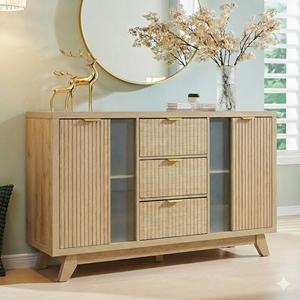 <span class=keywords><strong>Buffet</strong></span> à côtés cannelés avec 3 tiroirs aspect rotin, accents de porte en verre, poignées dorées - Product Image 5