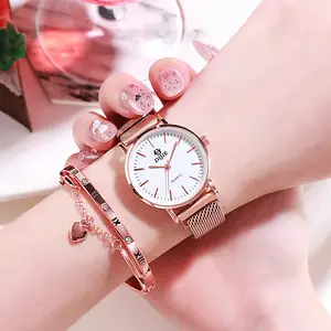 Jam Tangan Wanita dan Gelang Set Sederhana Jam Tangan Kuarsa Wanita Gelang Stainless Steel Jaring Magnet Set Jam Tangan dan Gelang