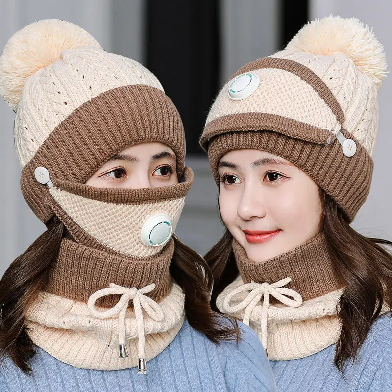 B790 Dày Đi Xe Đạp Trượt Tuyết Scarf Cap Knit Crochet Mũ Mùa Đông Đầy Đủ Pom Pom Thở Van Mũ Khăn Quàng Cổ Dệt Kim Mùa Đông Mũ