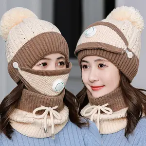 B790 Thicken Cycling Ski Scarf Cap Knit Crochet Winter Hats Full Pom Pom Breather Valve Caps Neckerchief Knitted Winter Hats