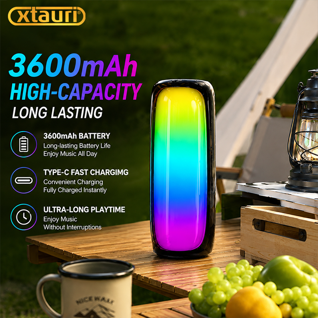 XTAURI Speaker Portable Wireless IPX5 Waterproof RGB Lights BT5.3 TWS Pairing 10-30W Output Power Two-way Audio App Control Long