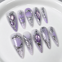 Patchs de manucure en métal texturé lilas dégradé, faits à la main, ongles transparents effet blush, ongles personnalisables pour usage professionnel