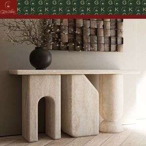 <span class=keywords><strong>Console</strong></span> d'entrée moderne en travertin GOLDKING, beige, pierre naturelle, sur mesure, meubles de salon, fabrication directe d'usine - Product Image 2