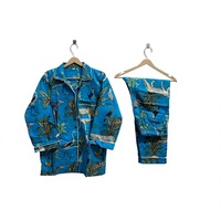Ensemble de pyjama en coton à imprimé floral bleu pour femmes, manches longues, col en V, pantalon long jusqu'aux chevilles, doux, respirant, séchage rapide, vêtements de nuit décontractés