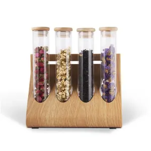 Transparent bamboo glass test tube rack with jar coffee bean flower tea seal jar Milk tea shop dry goods display stand