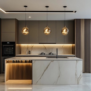 Gabinetes de cocina de isla listos para ensamblar, muebles de cocina de carcasa de madera contrachapada de diseño personalizado de fábrica, Armarios con tira de luz LED - Product Image 5