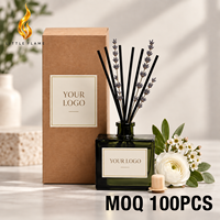 Diffuseur de parfum d'ambiance LF personnalisé avec bâtonnets en roseau, flacon vert foncé, tiges de lavande, bâtonnets noirs, boîte cadeau Kraft, étiquette personnalisable