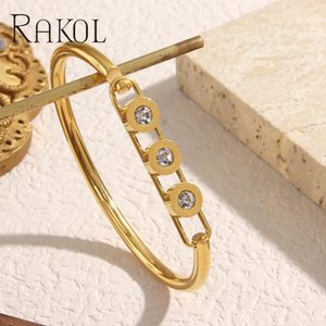 RAKOL B0221 2023 New Fashion Jewelry Simple Elegant Stainless Steel Smooth Hollow Round Zircon <b>Bracelet</b> - Product Image 1