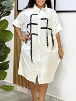 Nouvelle Robe Chemise Décontractée d'Été pour Femme à Manches Courtes, Patchwork, Teinte Unie, Respirante, Ample, Col Revers, Longueur Midi, Multicolore