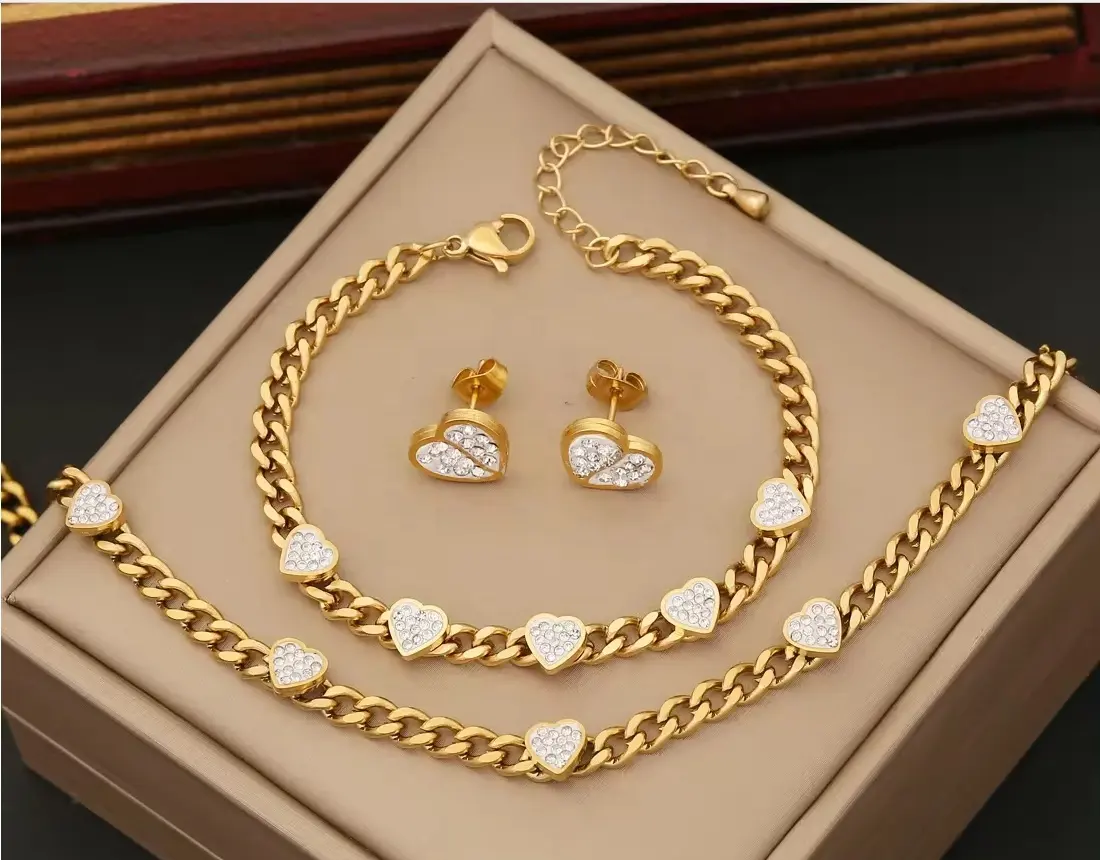 2024 nuovo KP popolare in acciaio inox zircone cuore 18K placcato oro cubano oro collana bracciale orecchini indiani gioielli Set
